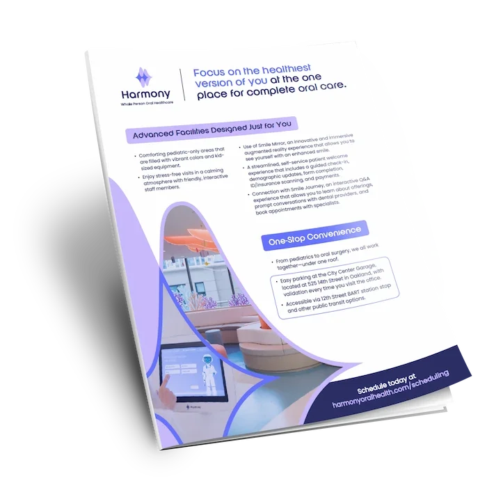 Flyer for Harmony Healthcare highlighting advanced facilities and convenience for pediatric oral care, including images of a modern clinic interior and digital consultation