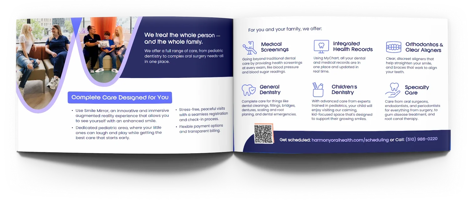 Open booklet displaying images of people in a waiting room and text about dental care services, including care options, medical screenings, health records, orthodontics, children's and specialty care.