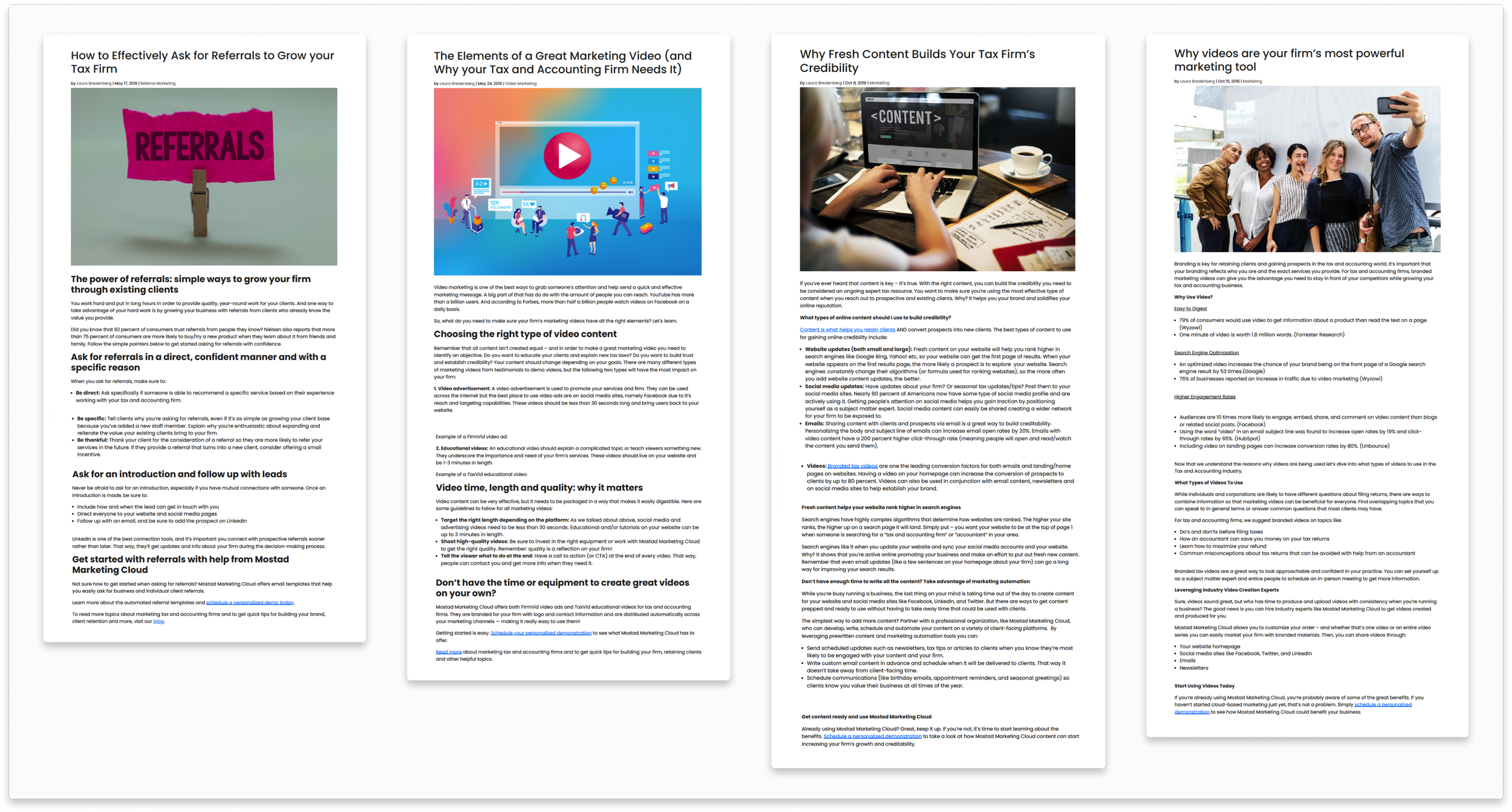 Screenshot of a four-page infographic article about marketing strategies for tax firms, including topics like asking for referrals, creating marketing videos, and building credibility.