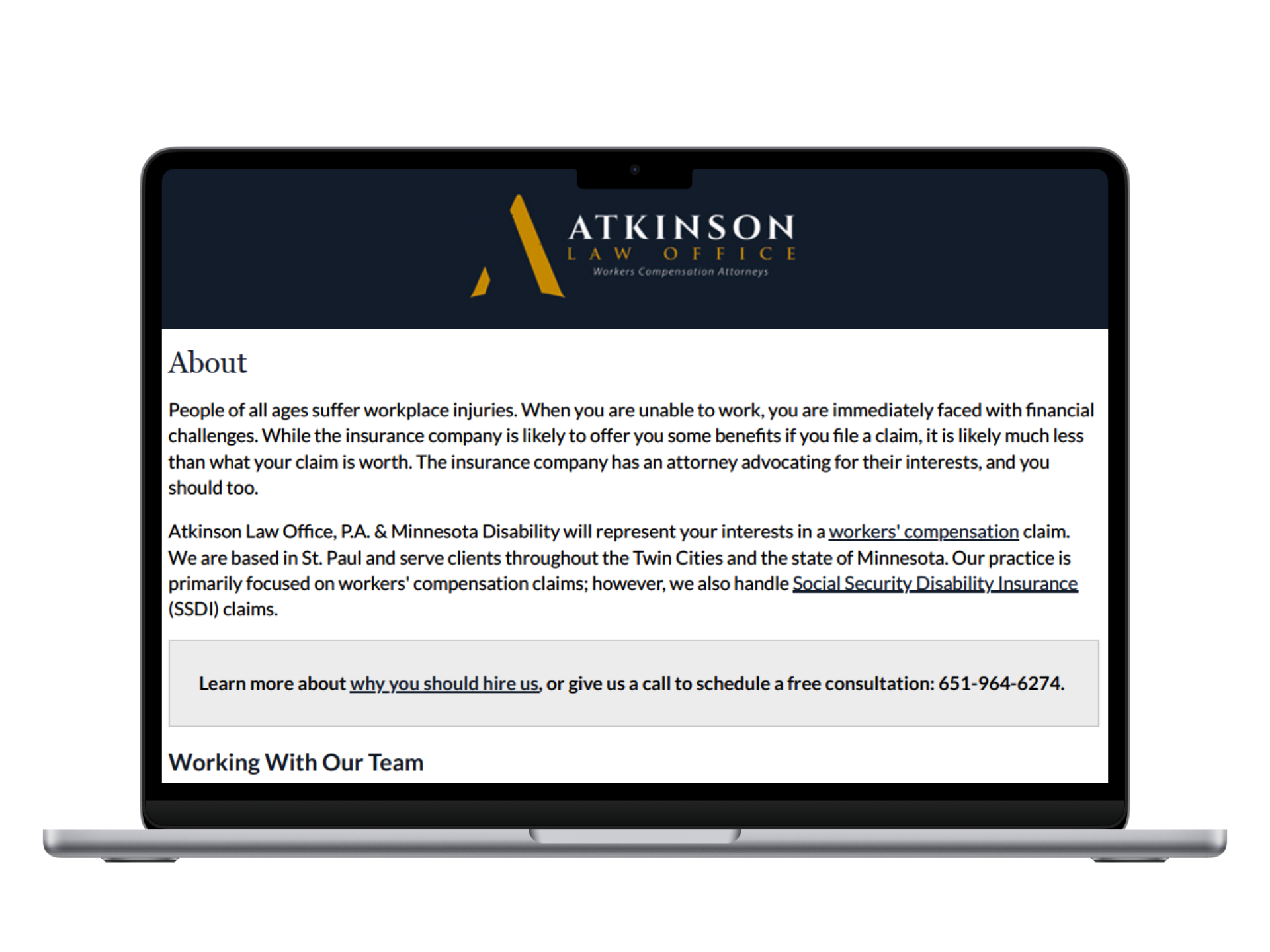 Screenshot of a law firm's website titled "Atkinson Law Office" with a dark blue header, gold and white text, and an 'About' section describing their work with workers' compensation claims and social security disability insurance, along with contact information.