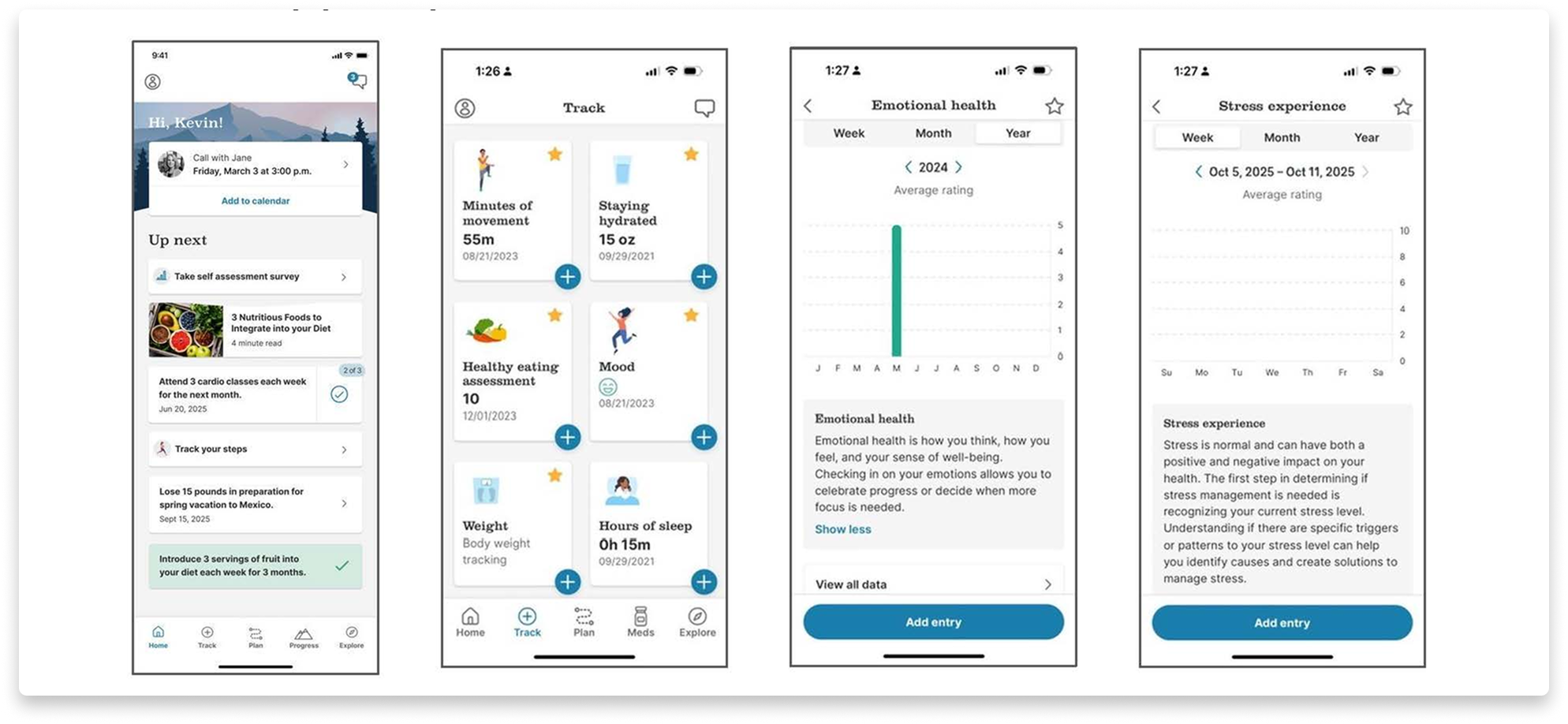 Screenshots of a health and wellness tracking app showing different sections including a daily schedule, activity tracking, emotional health analysis, and stress experience.
