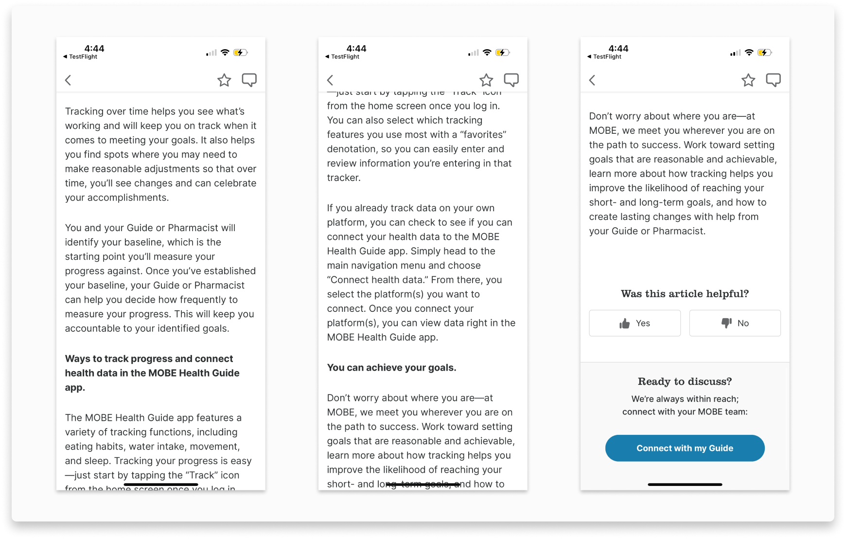 Screenshots of a mobile app displaying health tracking information, with three screens showing instructions about tracking progress, connecting health data, and setting goals.