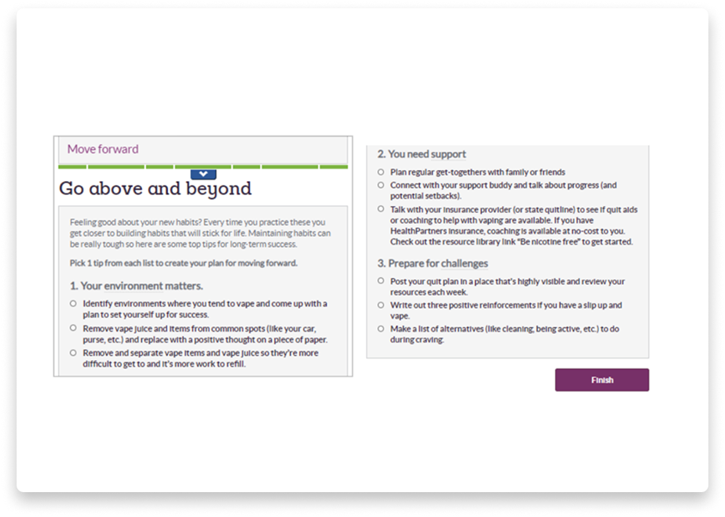 Screenshot of a digital support or instructional guide titled "Go above and beyond" with steps on planning a move forward, identifying environment matters, and preparing for challenges, including bullet points and a purple "Finish" button.