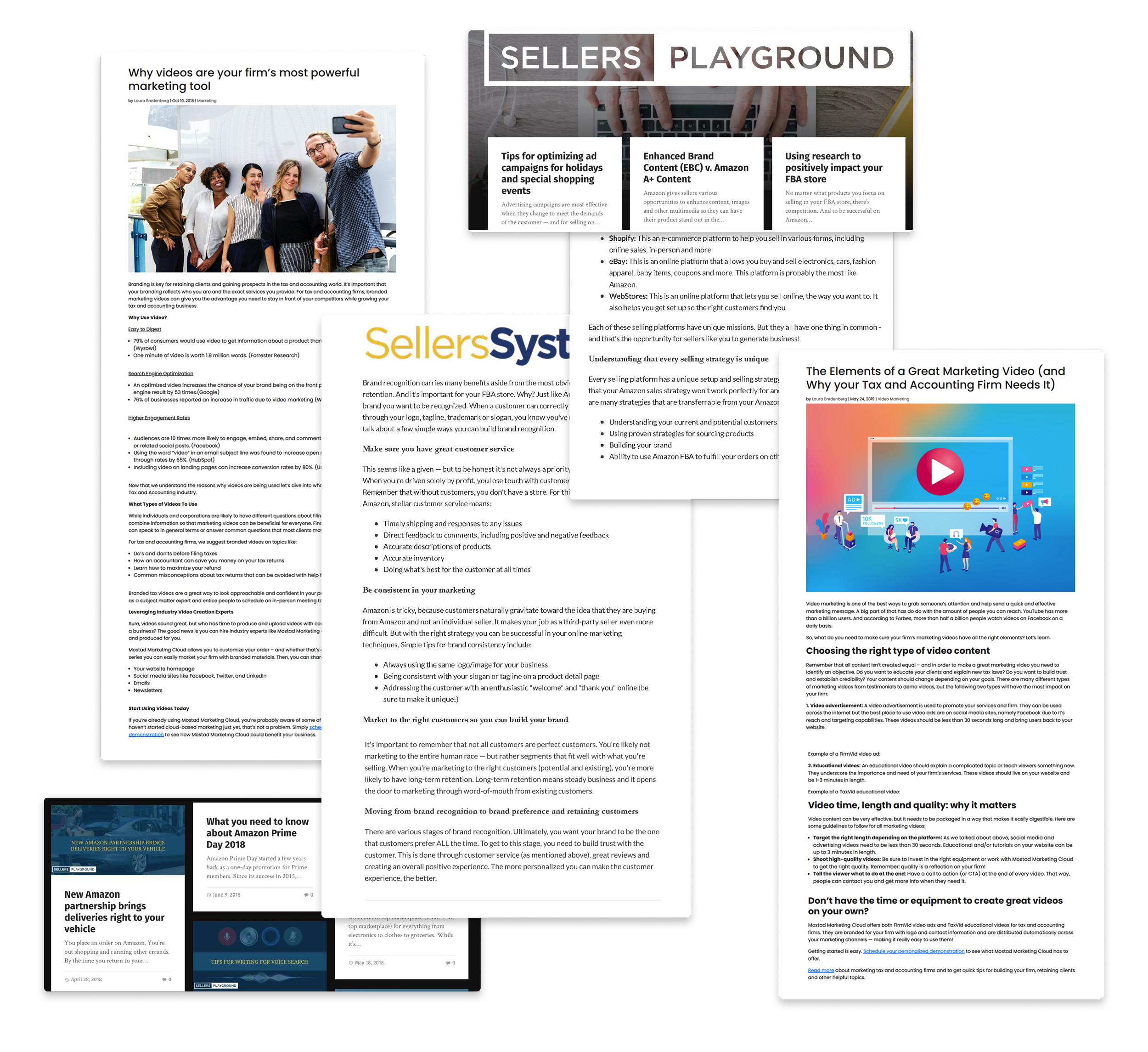 Overview of multiple digital articles and marketing content on various topics related to sales, branding, and video marketing.