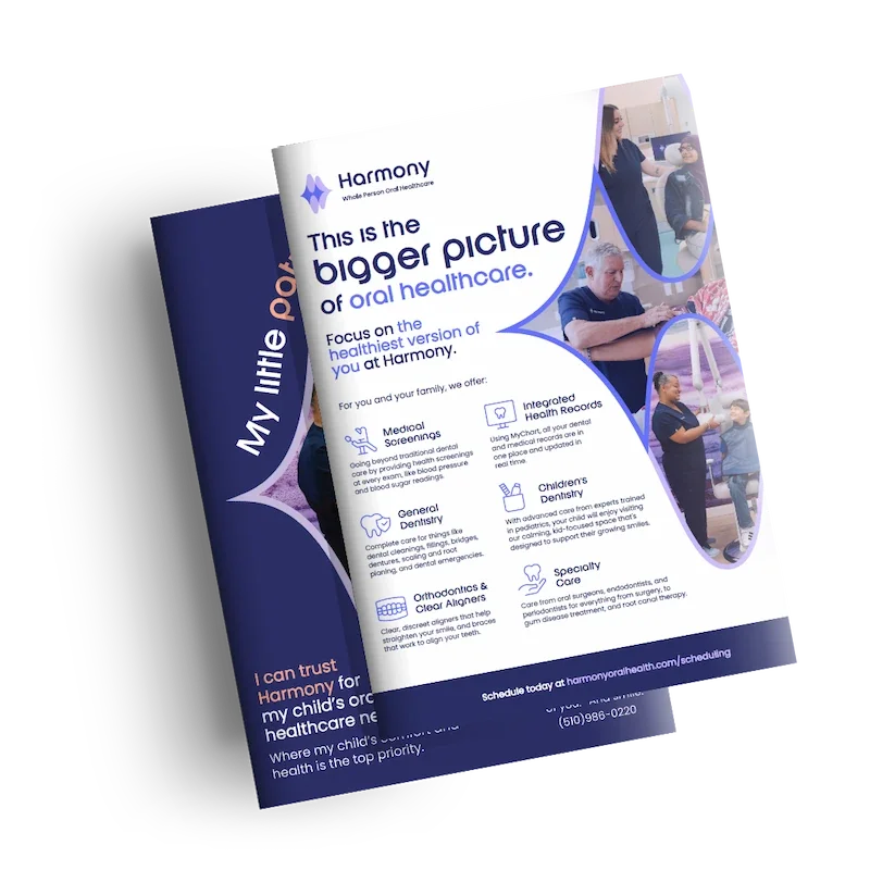 A brochure for Harmony, a healthcare provider, featuring information about their dental and medical services, including screenings, general dentistry, orthodontics, children's dentistry, and specialty care, with images of healthcare professionals and patients.