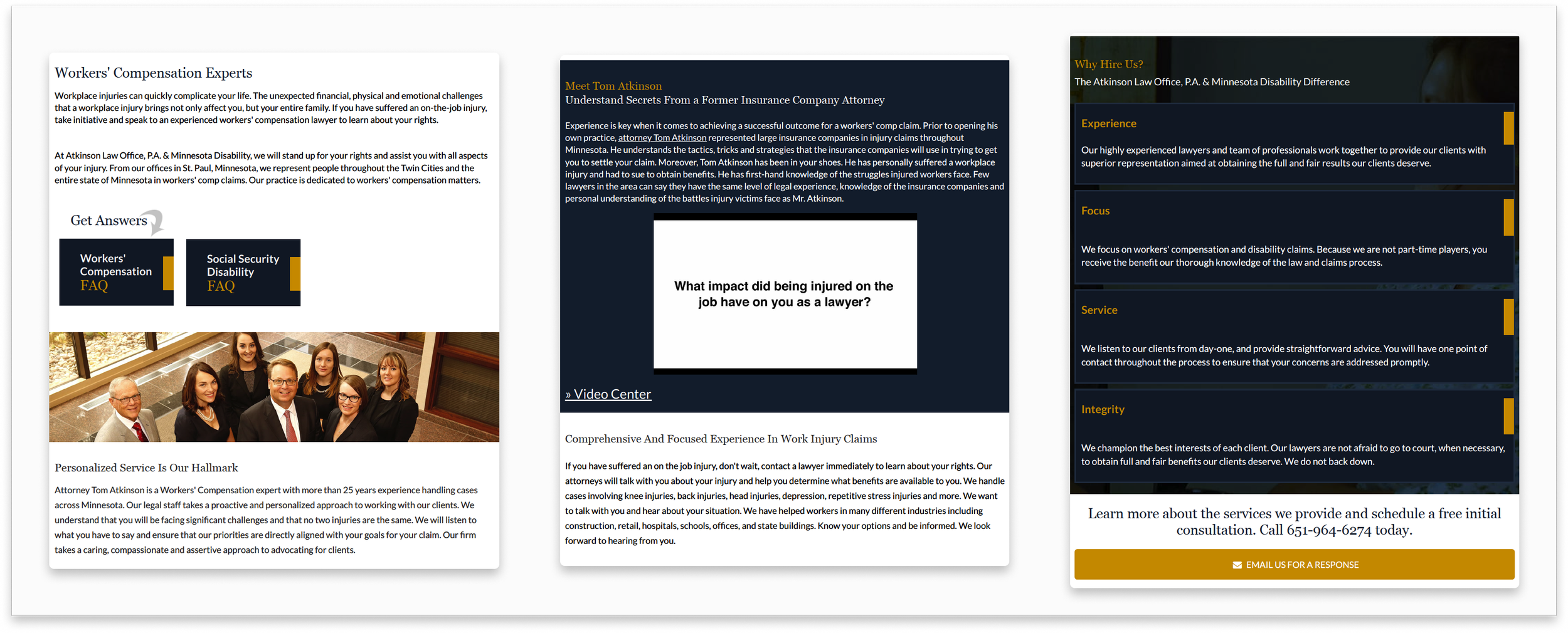 Screenshot of a legal website about workers' compensation experts, featuring text about experience, services, and FAQs, with a group photo of six professionals at the bottom.