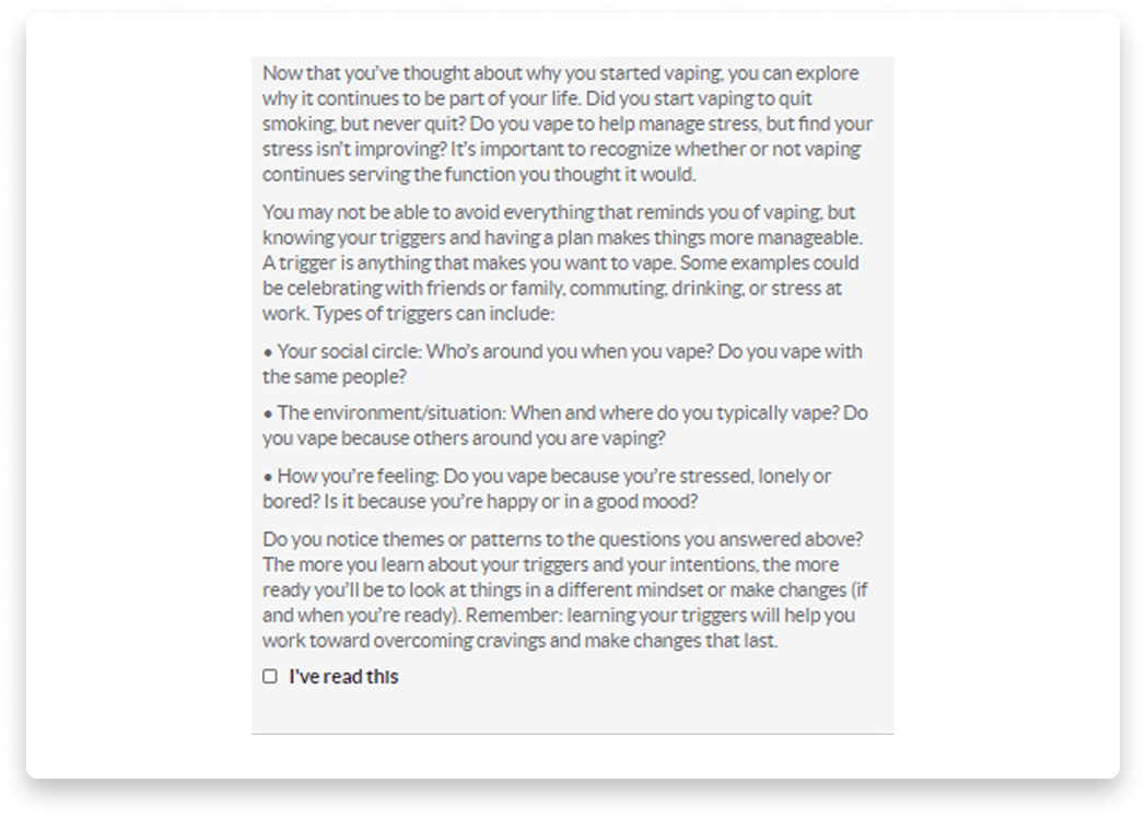 Screenshot of a text-based article about vaping habits and triggers.