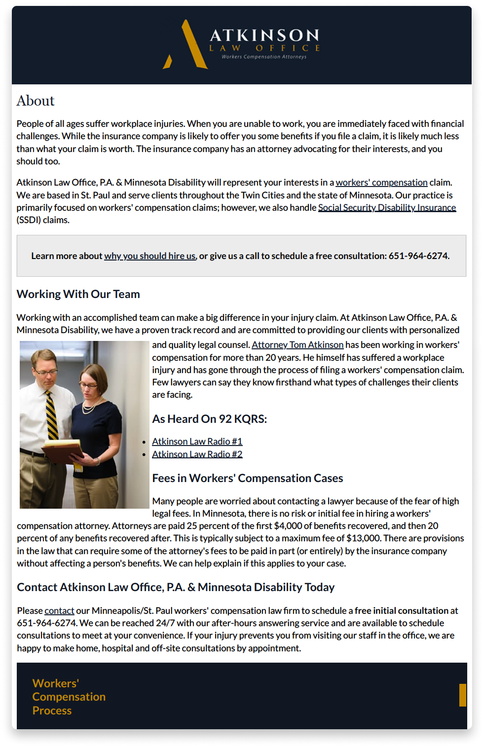 Screenshot of Atkinson Law Office webpage with information about workers' compensation and Social Security Disability insurance claims, featuring a photo of a man and woman discussing documents.