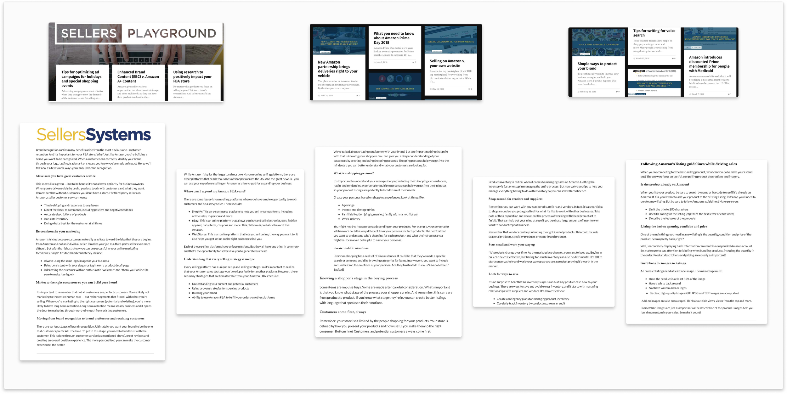 Collection of presentation slides and documents about selling and branding strategies, including topics on Amazon partnership, writing tips, managing sales, and customer experience.