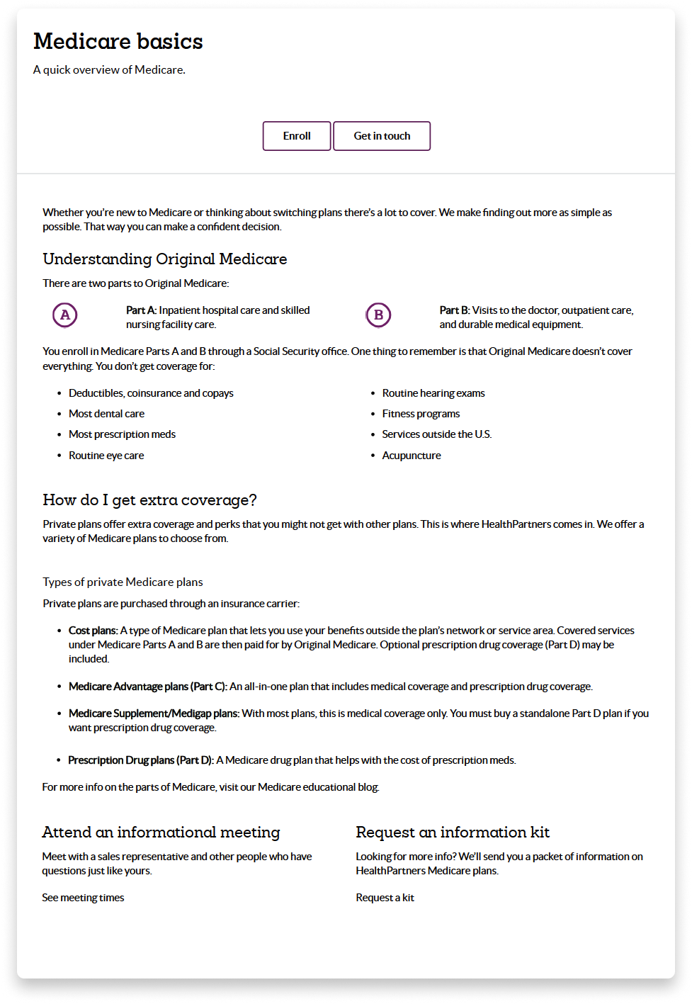 Webpage titled 'Medicare basics' with sections explaining Medicare coverage, plans, and enrollment options, including buttons labeled 'Enroll' and 'Get in touch'.