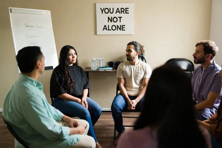 Group therapy session with five people sitting in a circle in a room with a whiteboard and a sign that reads 'You Are Not Alone'.