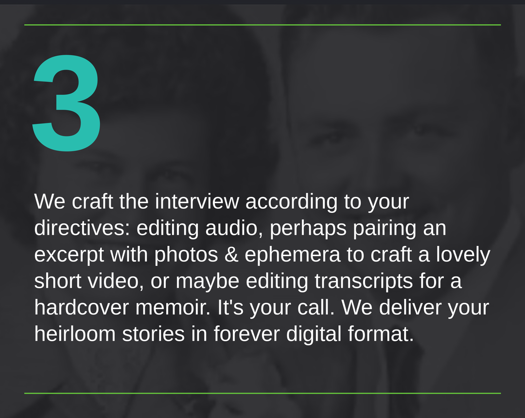 Step 3 of a process related to crafting a multimedia interview or storytelling. Contains a large turquoise number 3, with a dark blurred background image of a person, and a description in white text explaining editing and production tasks for a digital format.