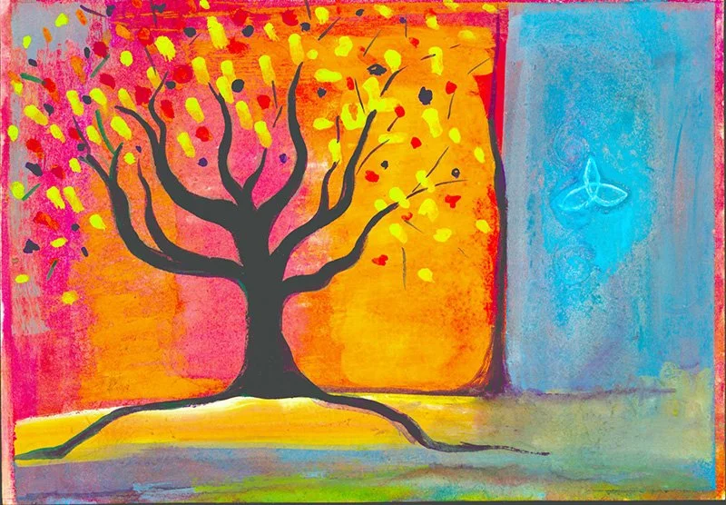 This small gouache painting depicts tree with fall colors next to an other dimension evoking the power of winter to provide space for self-reflection by Judith Shaw