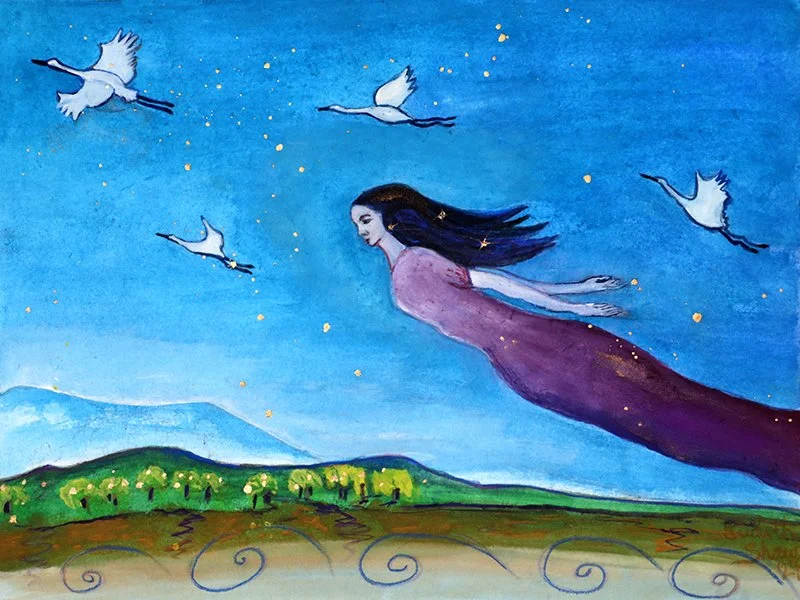 A painting of a woman flying in the sky with cranes around her by Judith Shaw