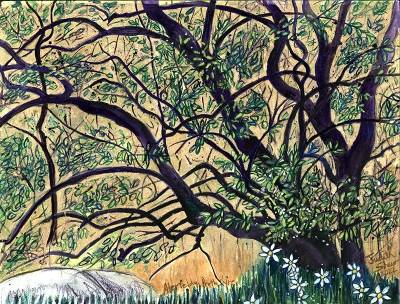A tree with dark trunk and intricate branches full of spring growth and gold background painted with gouache by Judith Shaw