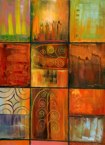Abstract oil painting with 9 squares each with a different look at death & rebirth inspired by a Minoan coffin by Judith Shaw