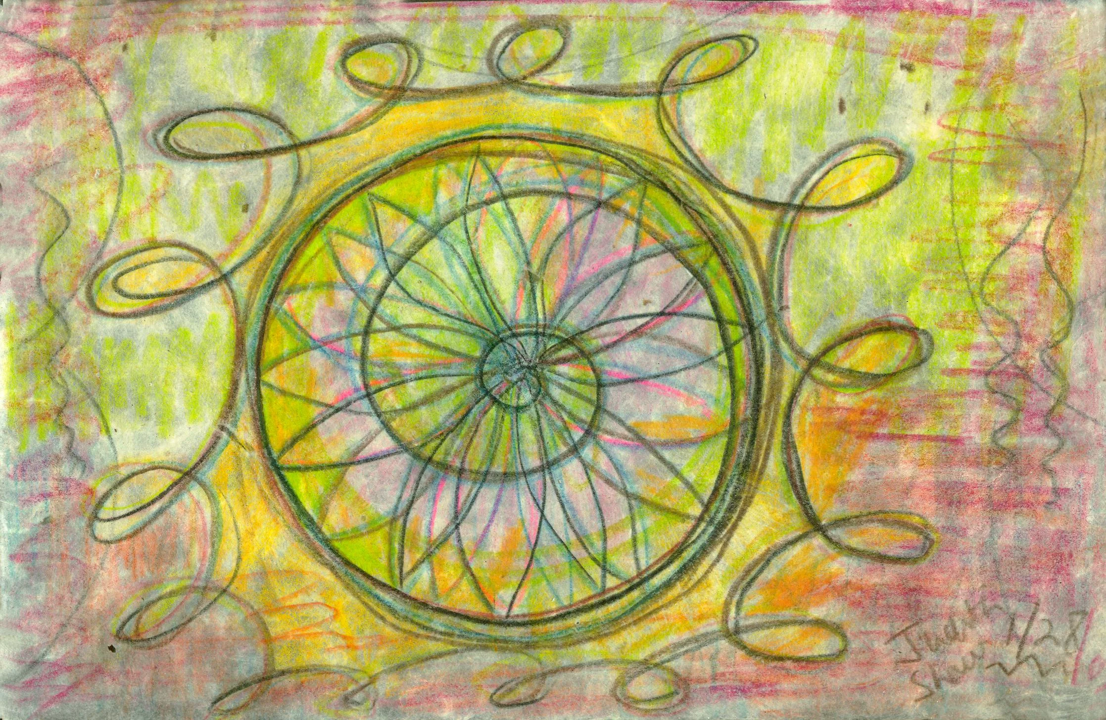 Drawing with sacred geometry shapes surrounded by a circle and a spiraling loopy circle illustrating the spiraling nature of life by Judith Shaw