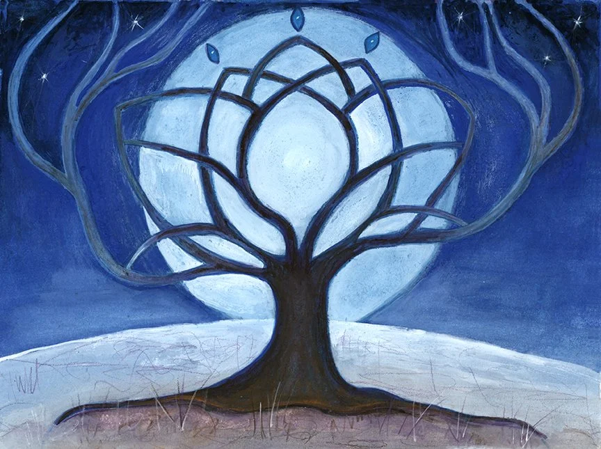 At the winter solstice when the dark rules, the celtic symbols in this tree of life painting offer hope for a new day.