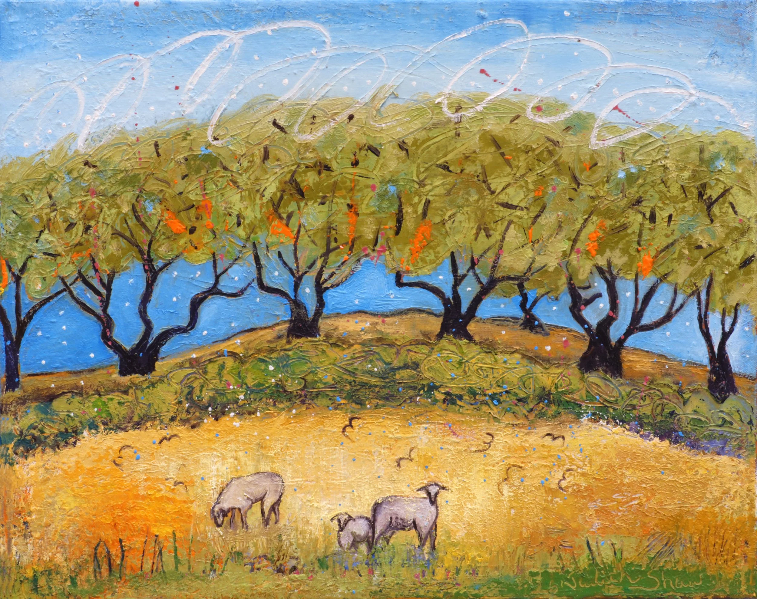 A whimsical artwork depicting olive trees, loops in the sky and sheep in the foreground. Perfect for nature lovers.