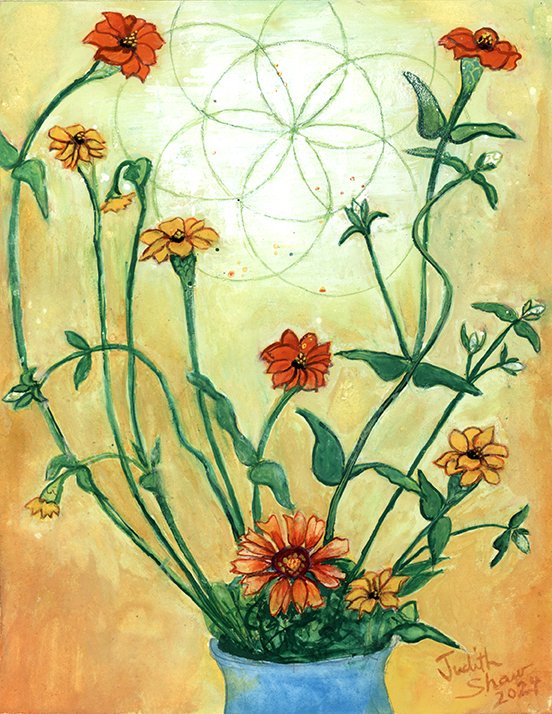 This small gouache painting of a bunch of wispy little zinnia flowers in a vase reminds you to take joy in the simple things in life, by Judith Shaw