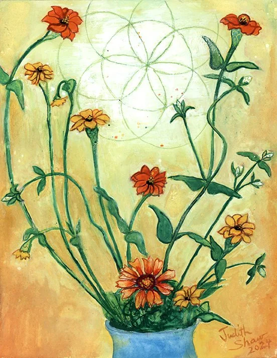 Zinnia Joy, gouache on paper