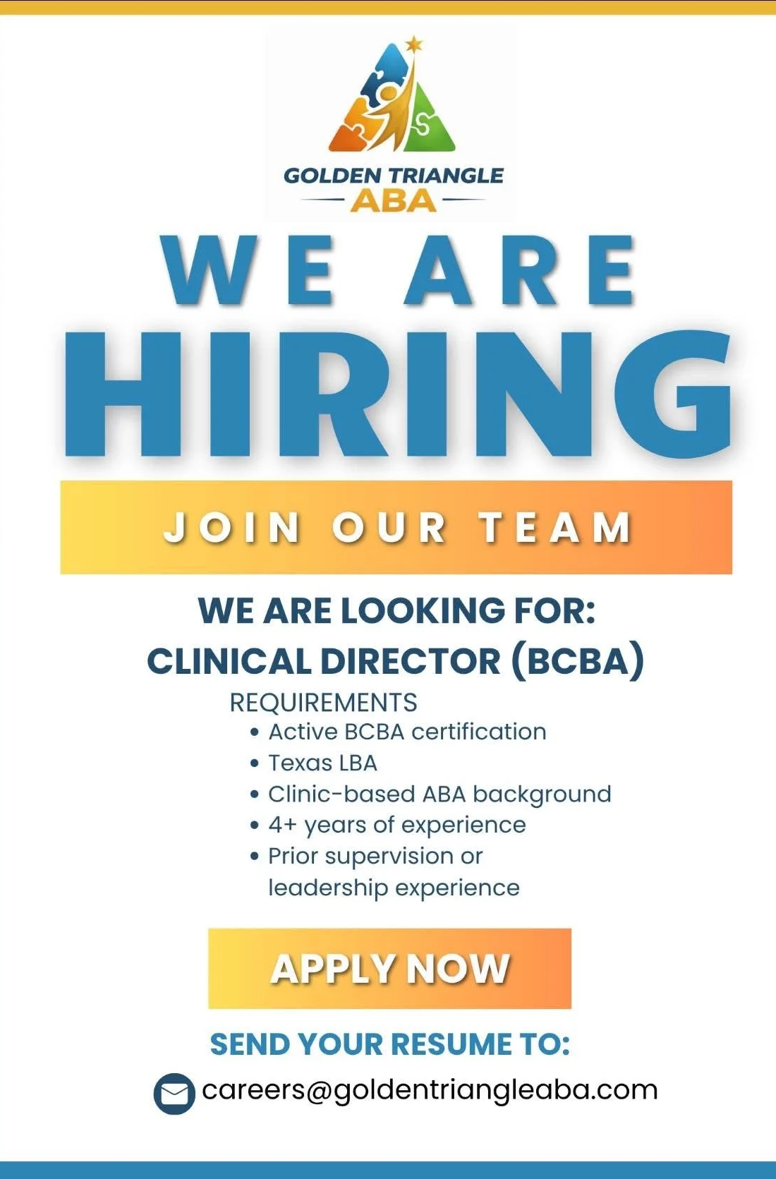 Job recruitment flyer for the position of Clinical Director (BCBA) at Golden Triangle ABA, with requirements listed and instructions to apply via email.