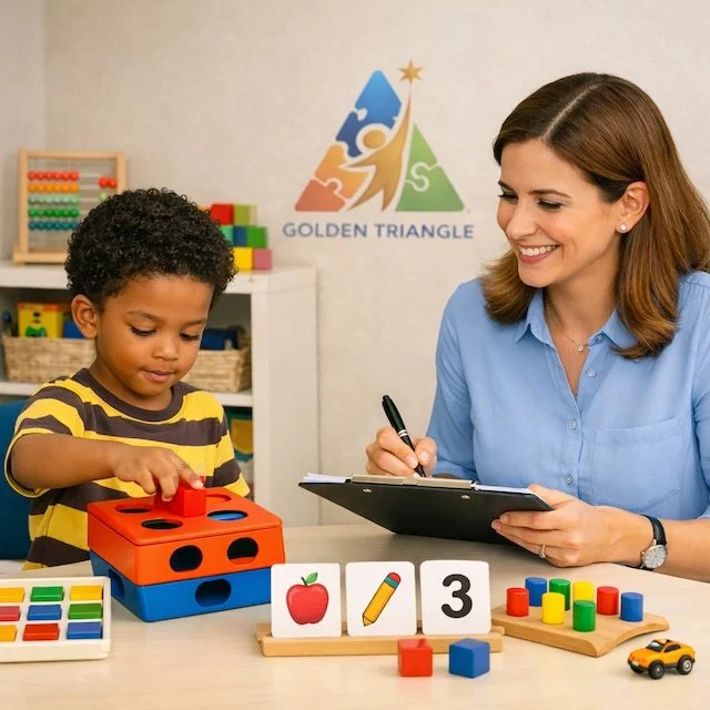Logo for Golden Triangle ABA featuring three puzzle pieces in blue, orange, and green forming a triangle, with a gold figure reaching for a star, and the text 'GOLDEN TRIANGLE ABA' underneath.