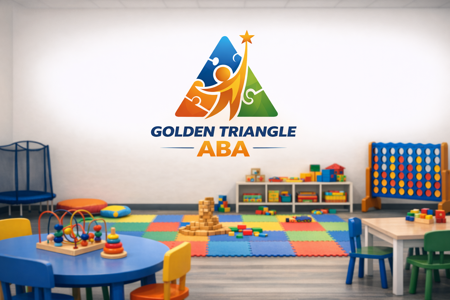 Interior of a children's playroom with a large wall logo reading 'Golden Triangle ABA' and a colorful foam puzzle mat on the floor, surrounded by small tables, chairs, and toys.