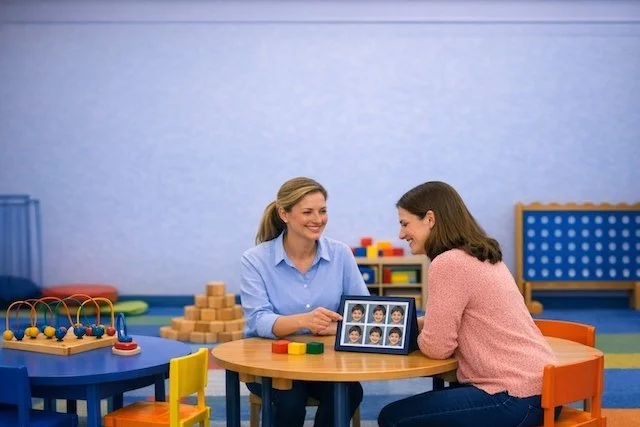 Two women in a children's therapy or learning session, smiling at a framed photo of a young boy's different facial expressions, with colorful toys and furniture in the background.