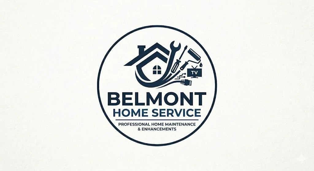 Belmont Home Service logo featuring a house, wrench, screwdriver, saw, TV, and paintbrush inside a circle, with text about home maintenance and enhancements.