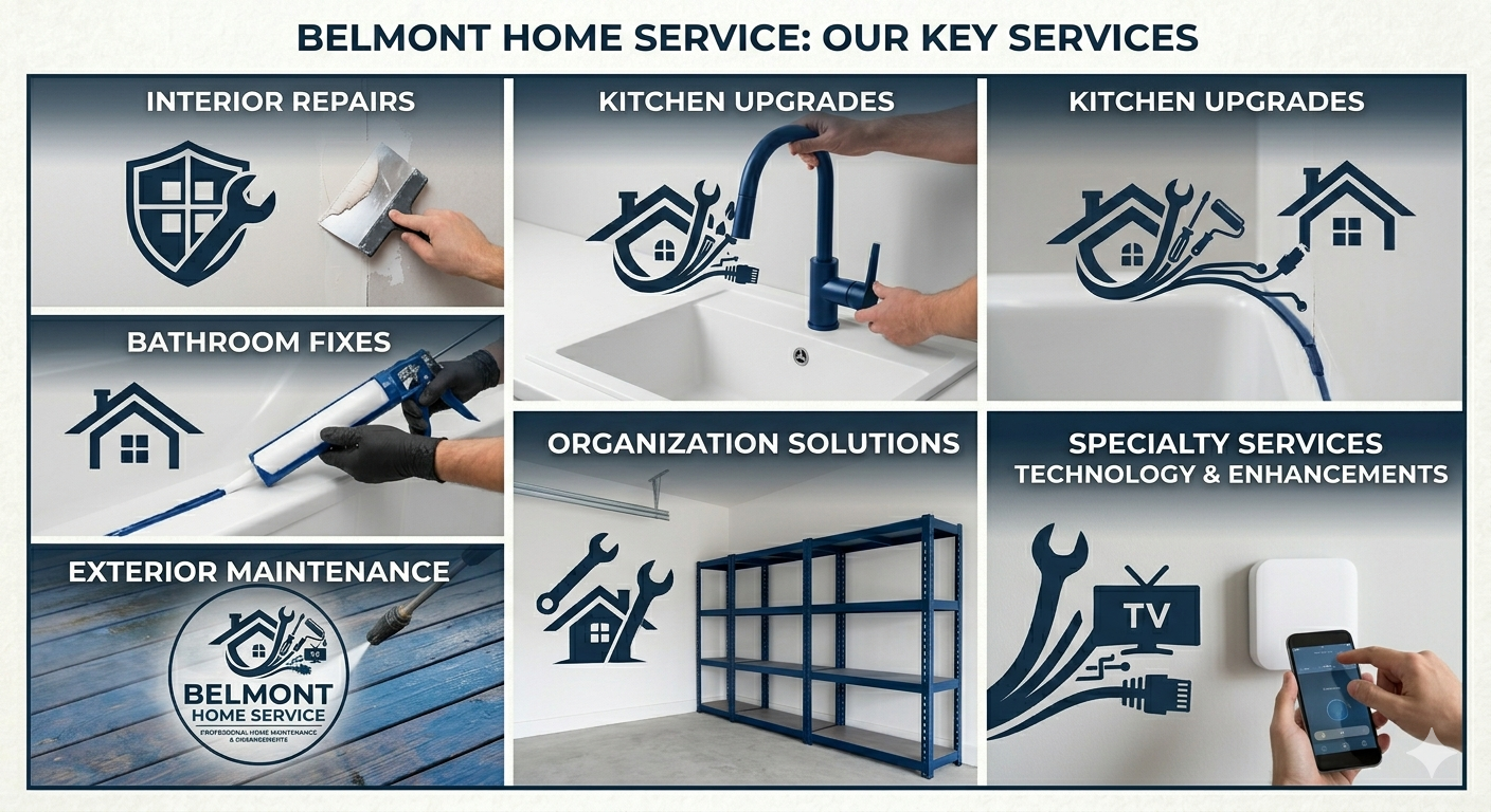 Infographic showcasing key services of Belmont Home Service, including interior repairs, bathroom fixes, exterior maintenance, kitchen upgrades, organization solutions, and technology enhancements, with icons and photos representing each service.