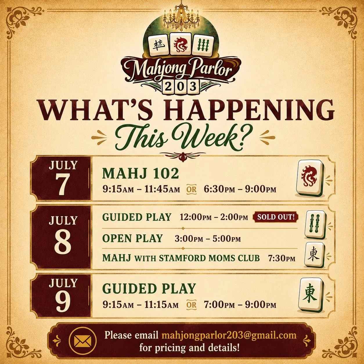 Lots of Mahj 102 &amp; guided play opportunities! If you took my beginner class at Middlesex club, sign up for a 102!