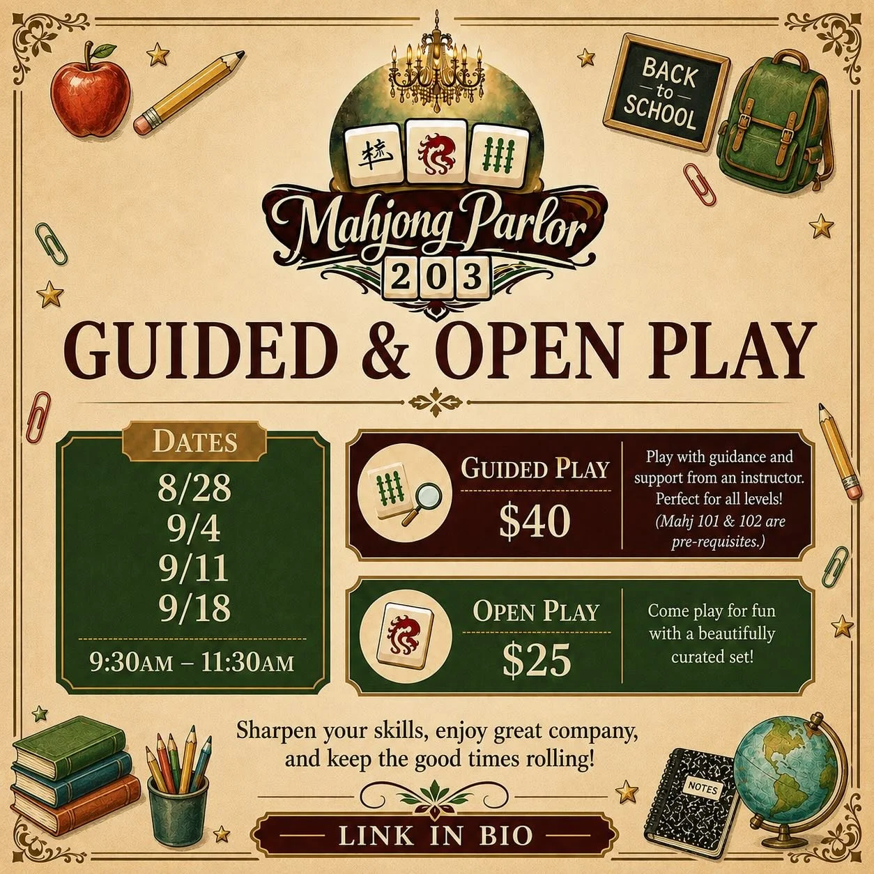 Kids back to school this week and want to do a little something for yourself! Come play at the parlor! Link in bio.
#guidedplay
#openplay