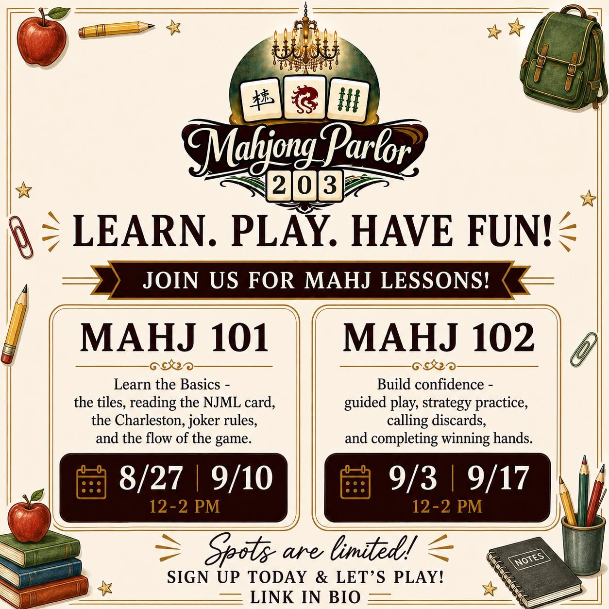 Kids back to school this week and you have a little more time on your hands? Come learn American Mahjong! Link in bio.
#mahj101
#mahj102
#mahjonglessons