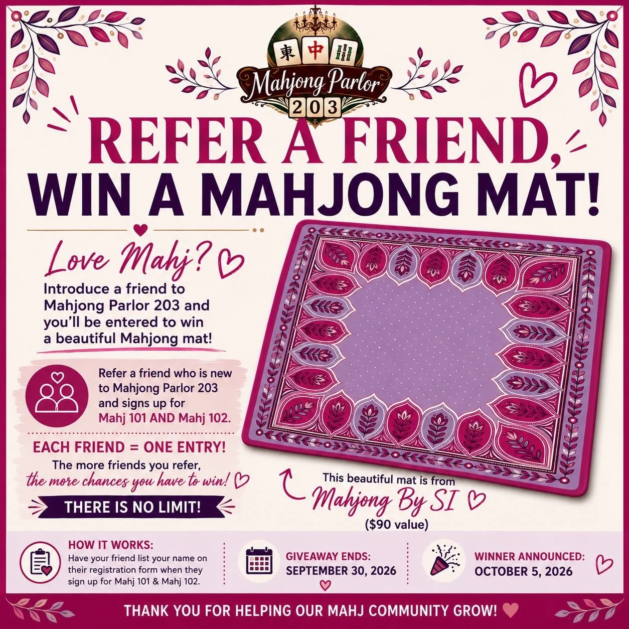 Who doesn&rsquo;t love a giveaway?! 

How it works:
1) Refer friends to sign up for Mahj 101 and 102. Link in bio.
2) Have friends follow us on Instagram!
3hFor every friend that SIGNS UP for both classes, you get an entry to win this beautiful @mahj