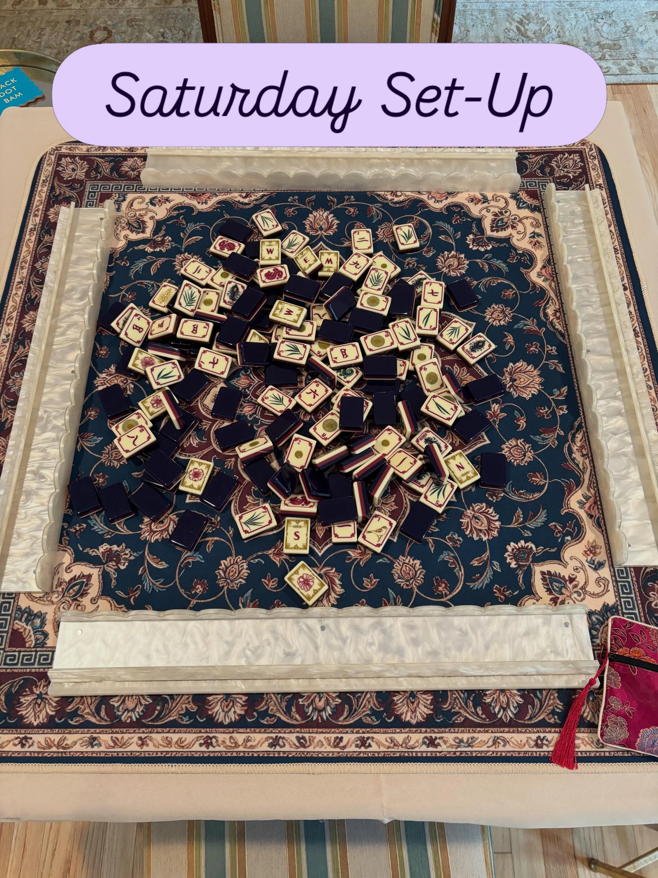 It&rsquo;s an obvious one because I don&rsquo;t want these tiles to leave my table! 
Tiles: @four.windsmahj 
Mat: Amazon
Racks: Amazon