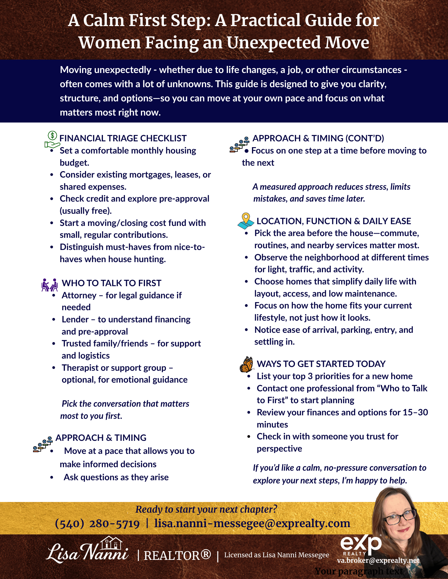 Downloadable guide, 'A Calm First Step: A Practical Guide for Women Facing an Unexpected Move' with tips about moving, finances, and location considerations. Written for women, applies to all. Lisa's image and contact info are at the bottom.