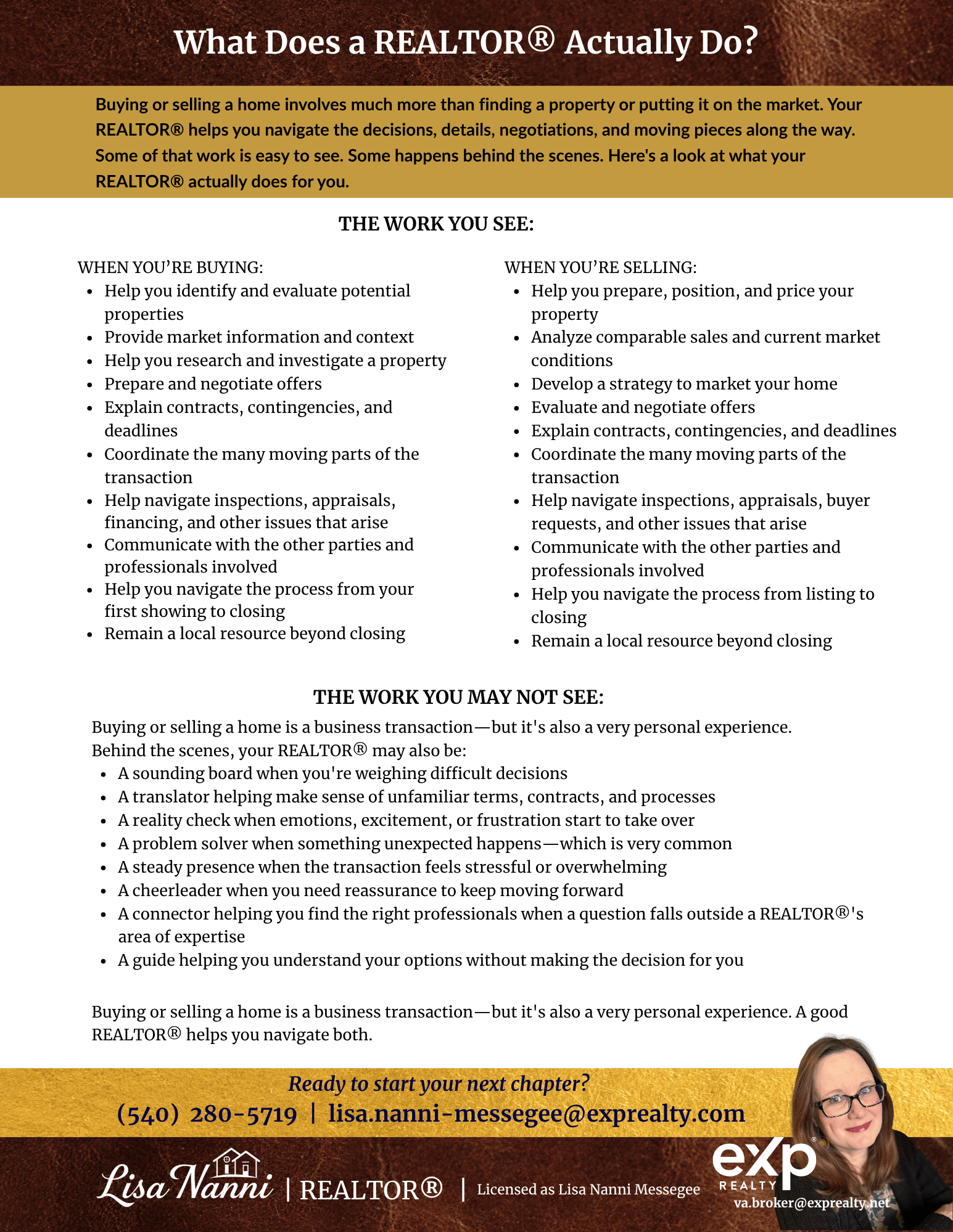 Lisa explains what a Realtor does in this downloadable doc. It includes sections on both buying and selling, the work involved. Realtor's image and contact info at the bottom.
