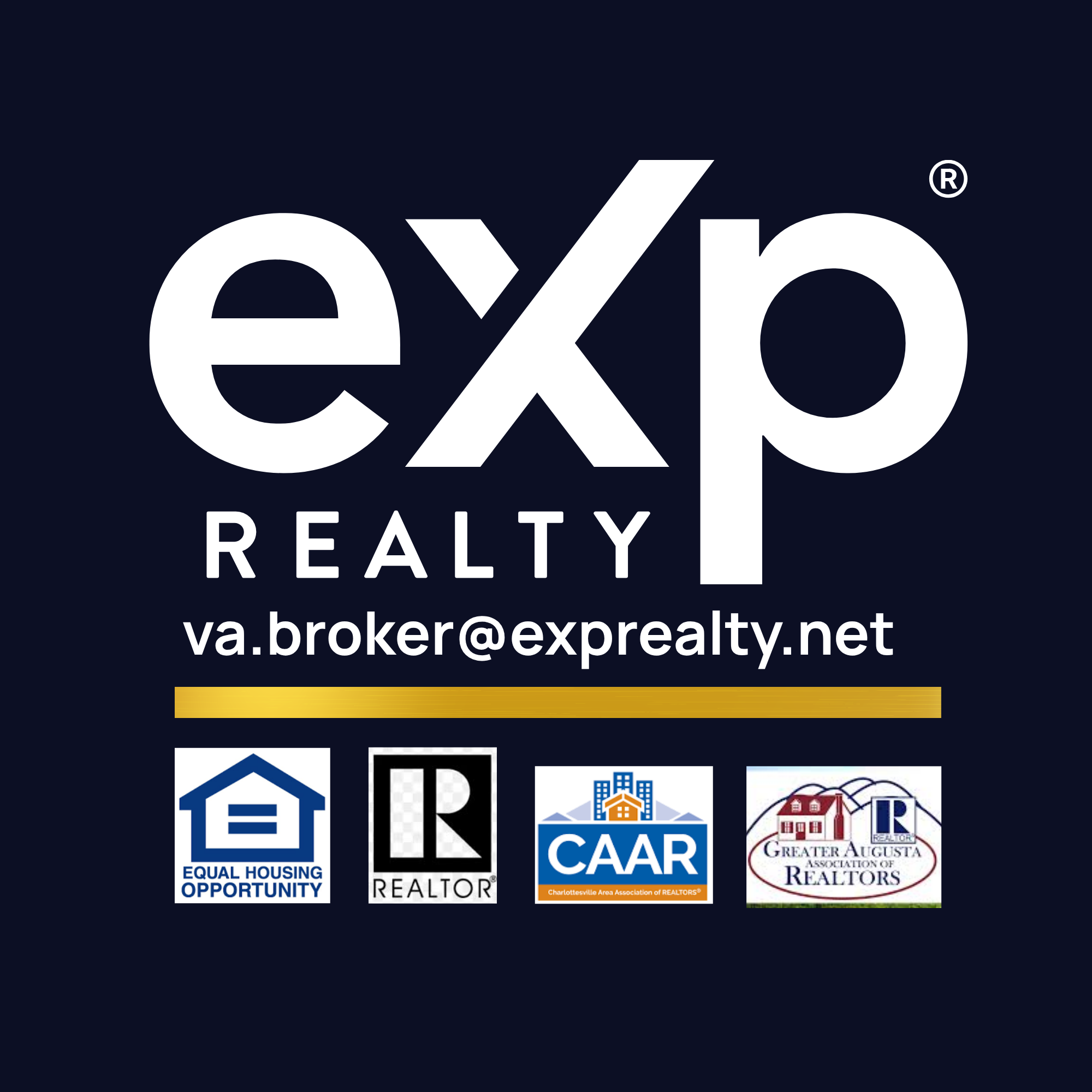 Logo (showing brokerage compliance and also membership) displaying eXp Realty logo, brokerage email va.broker@exprealty.net, along with logos from Fair Housing, National Association of Realtors, CAAR and GAAR (local associations).