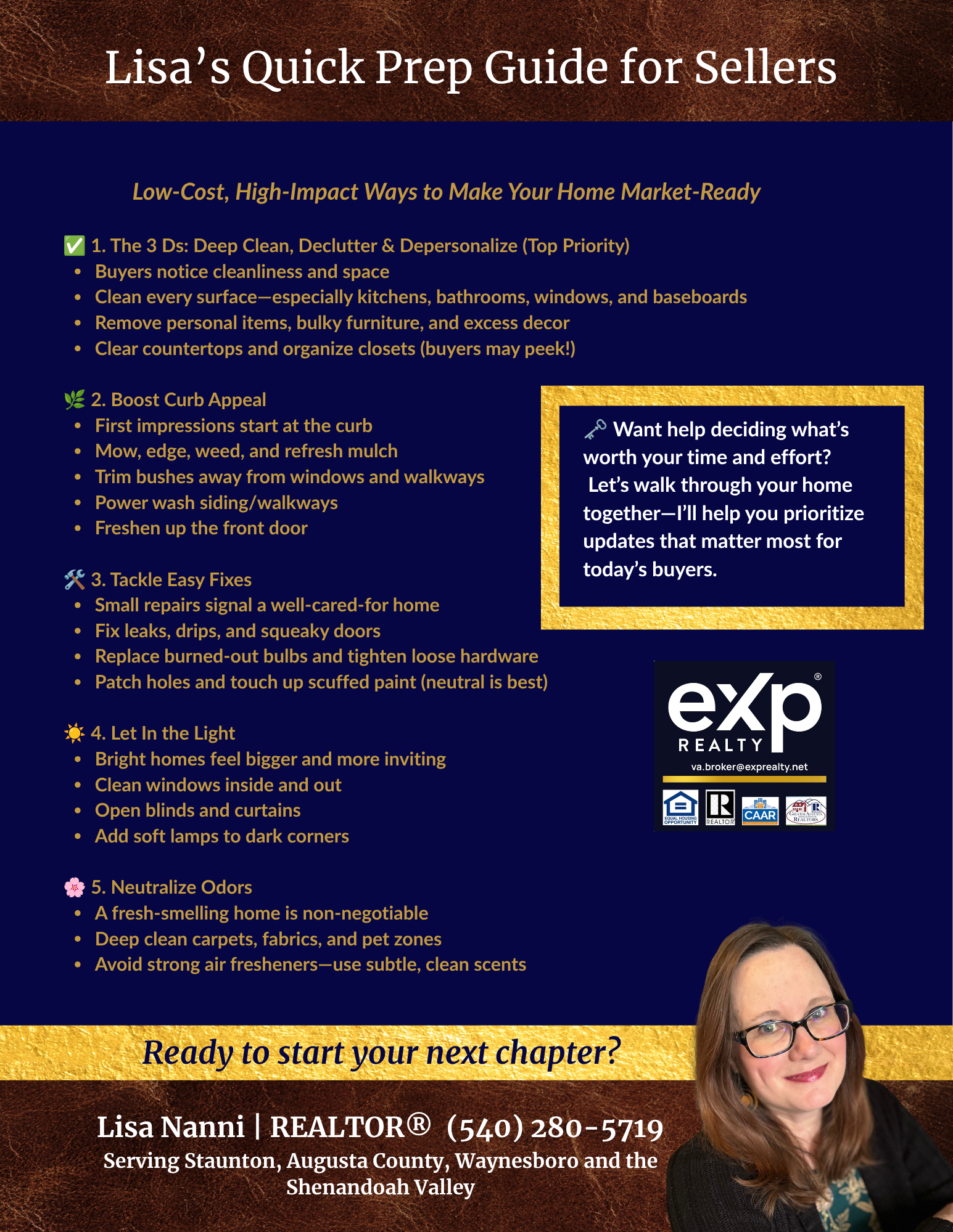 Downloadable doc created by Lisa for Sellers called Quick Prep Guide for Sellers, offering tips for home preparation and staging, with Lisa's photo and contact info at the bottom.