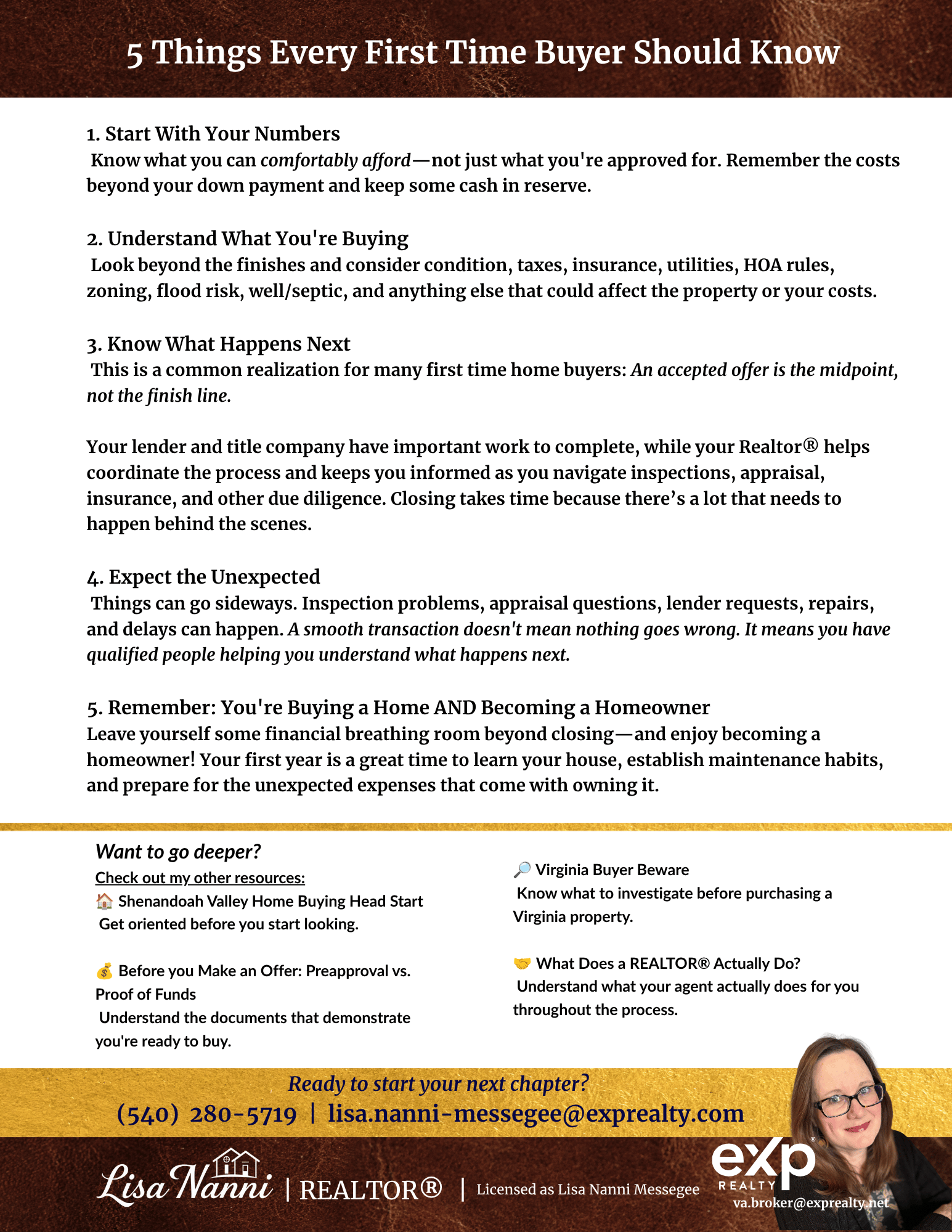 A document titled "5 Things Every First Time Buyer Should Know" with numbered tips, contact info, and Lisa's image. The document includes sections on understanding costs, next steps, inspections, and financial considerations for homebuyers.