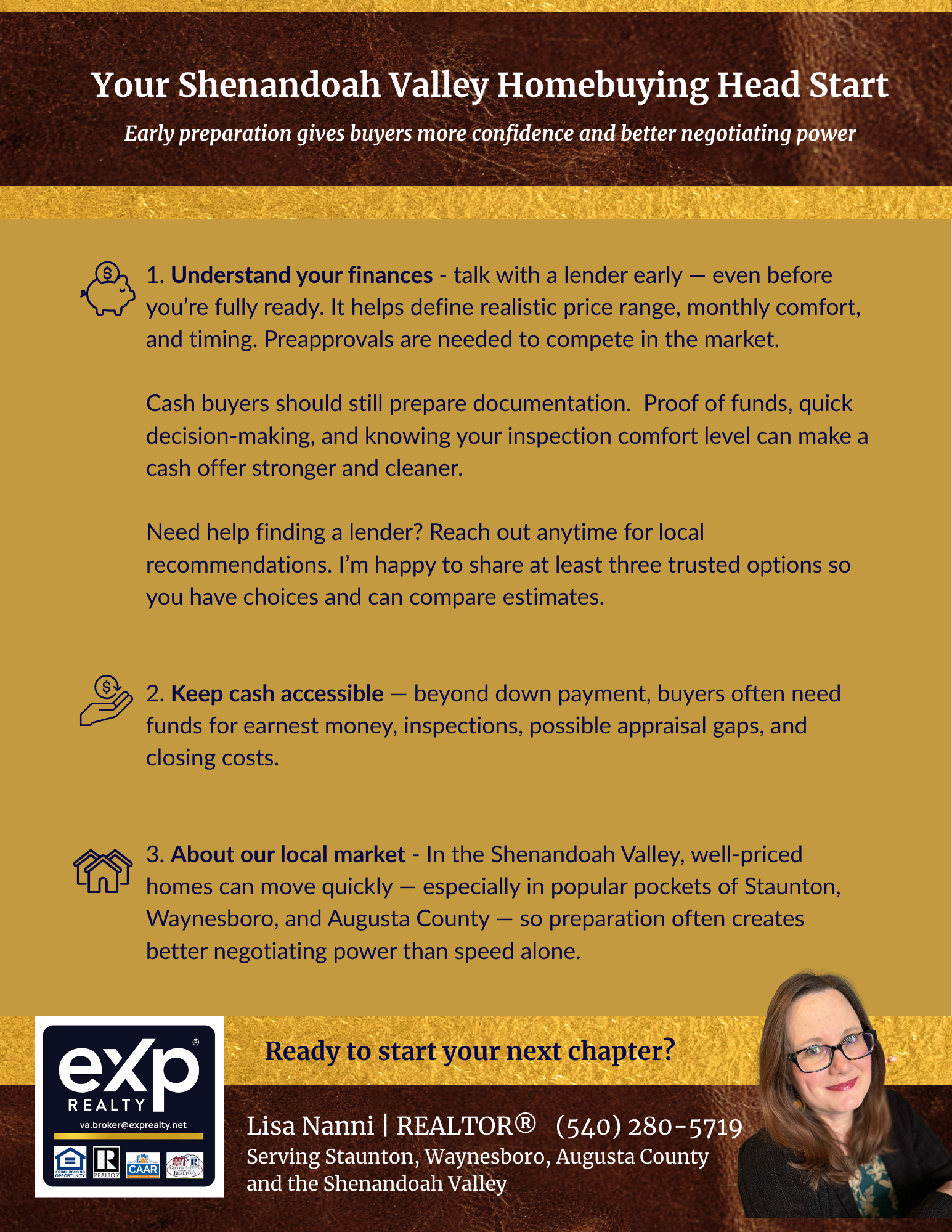A promotional flyer for real estate services by Lisa Nanni. It includes tips for homebuyers in the Shenandoah Valley, such as understanding finances, keeping cash accessible, and about the local market. The flyer features a photo of Lisa Nanni smiling, her contact information, and logos of real estate organizations.