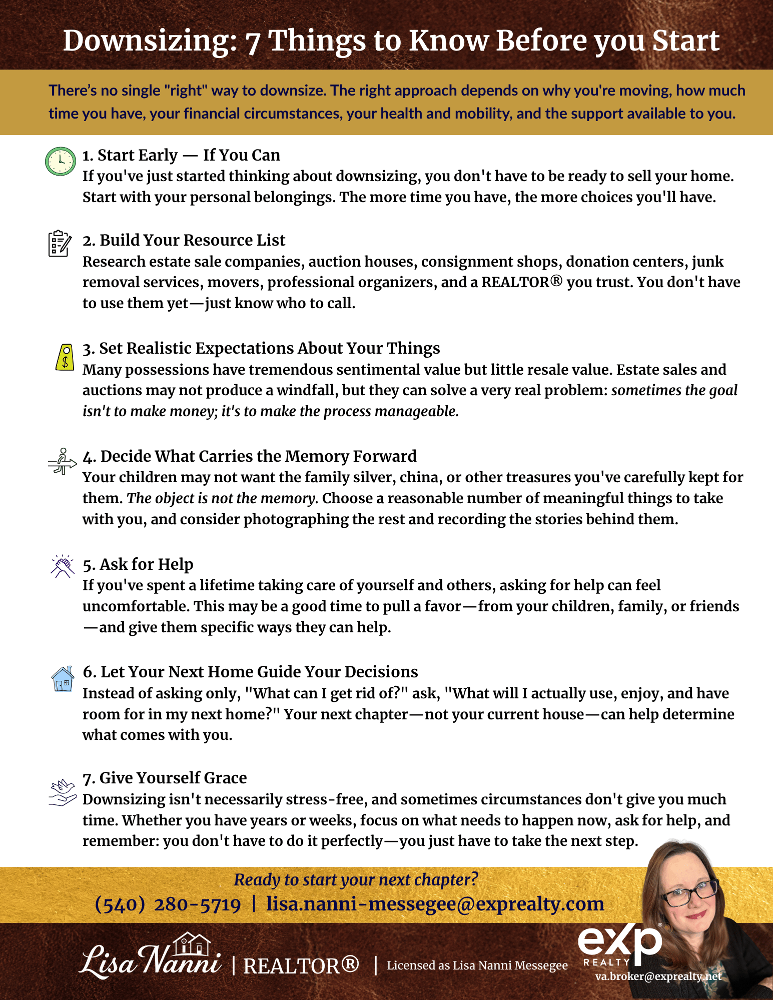 A detailed guide on downsizing for homes, listing seven key considerations, including timing, resource planning, setting expectations, seeking help, and proactive decision-making, along with the realtor's contact information and professional photo.