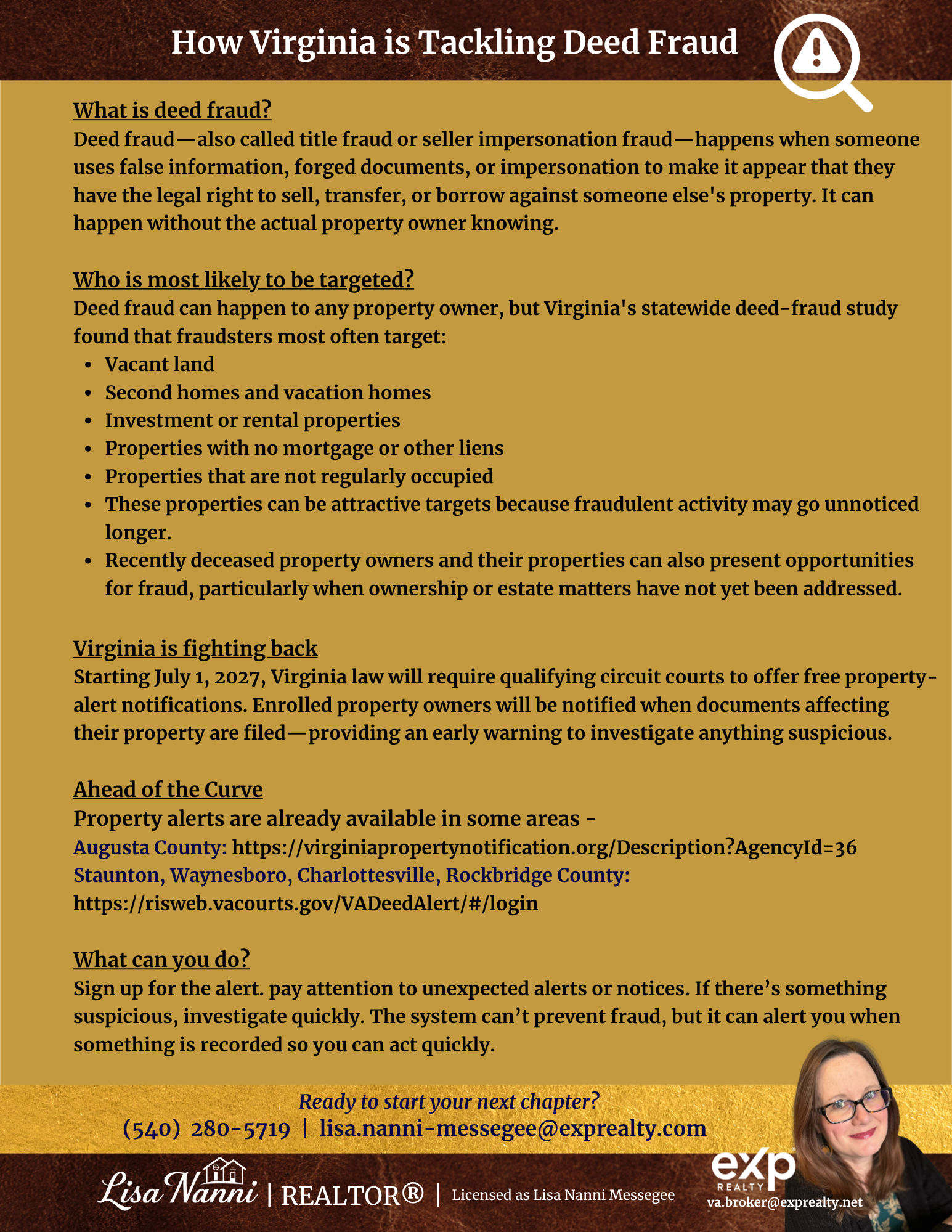 Informational flyer created by Lisa about Virginia's efforts to combat deed fraud, including definitions, targeted property types, and upcoming legal changes. Includes image of Lisa and contact info at the bottom.