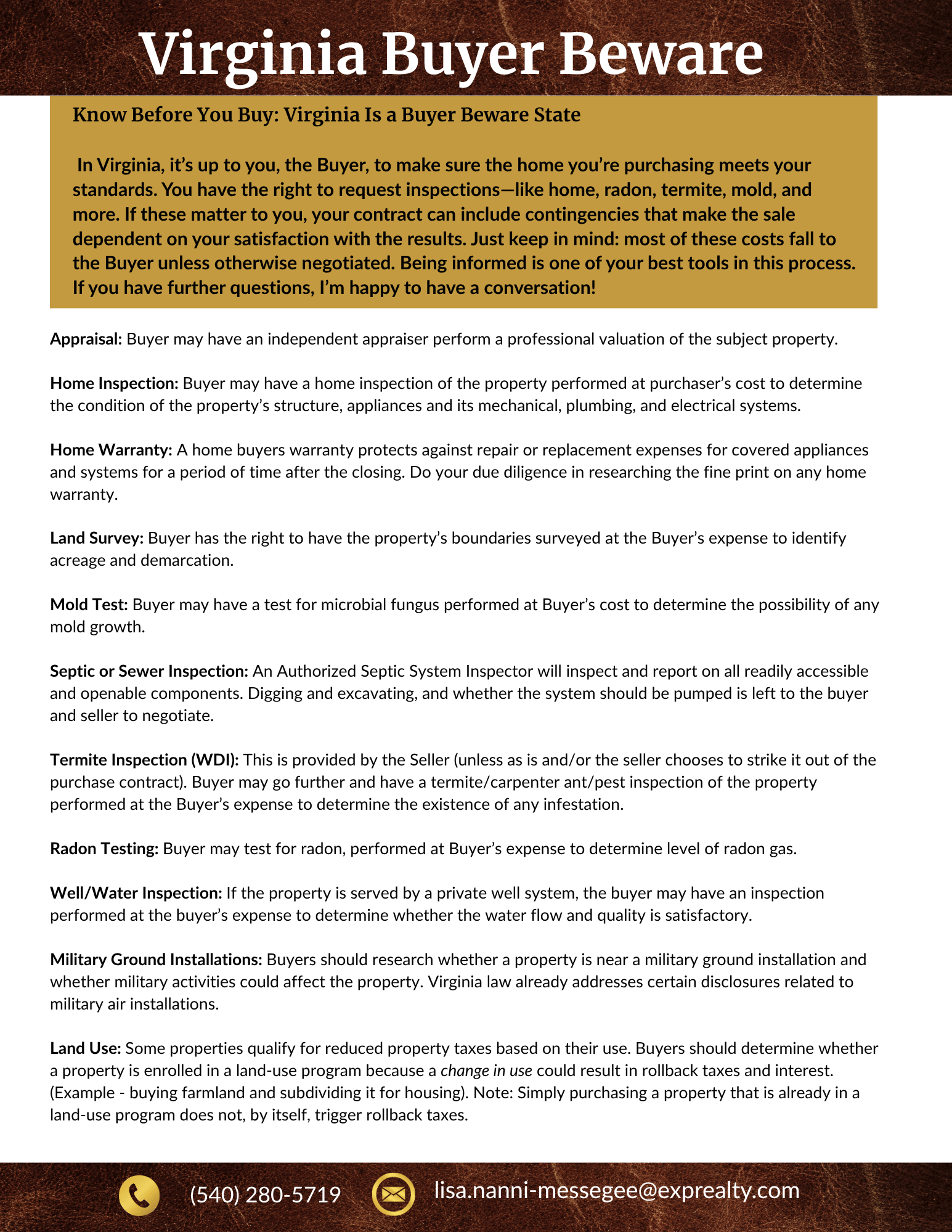 A flyer titled 'Virginia Buyer Beware' providing information on important considerations for home buyers in Virginia, including inspections, warranties, surveys, testing, water quality, military ground installations, and land use. Contact information for a real estate agent is at the bottom.