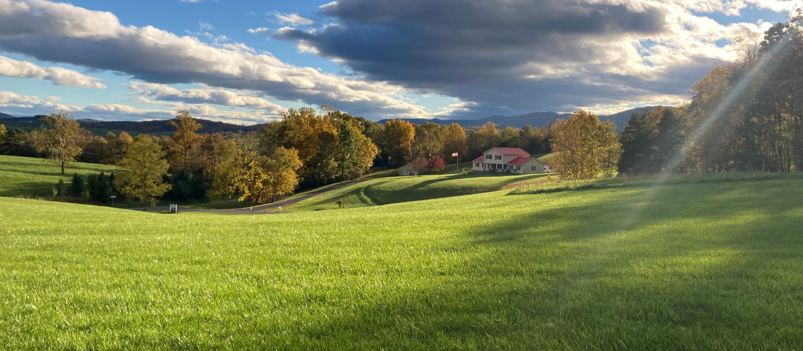 Augusta County pastoral landscape of a lush green field with trees and a house in the distance, under a partly cloudy sky with soft beam of sunlight breaking through the clouds.