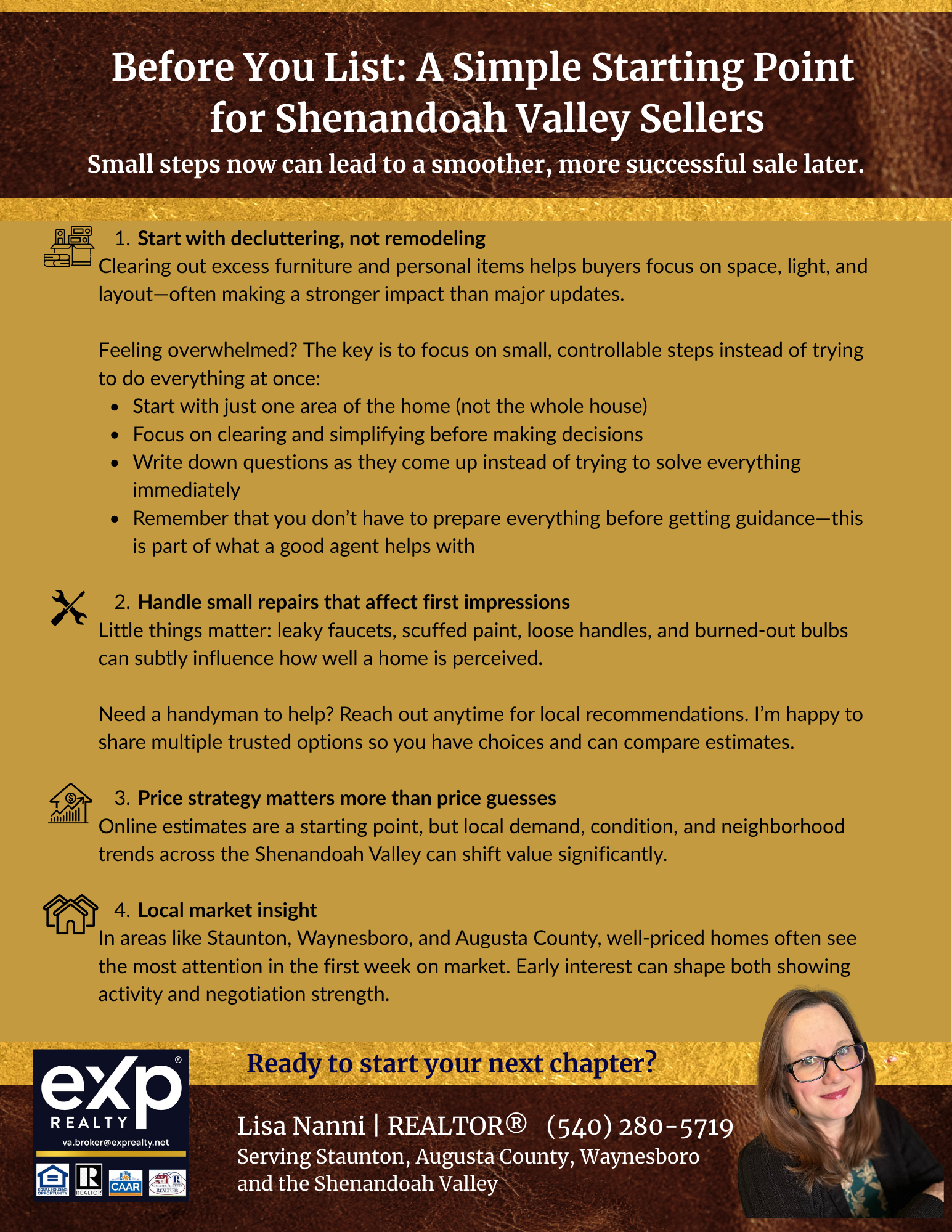 Downloadable doc created by Lisa for Sellers. It includes tips on decluttering and small repairs for sellers. Her contact information, image and EXP Realty logo are at the bottom.