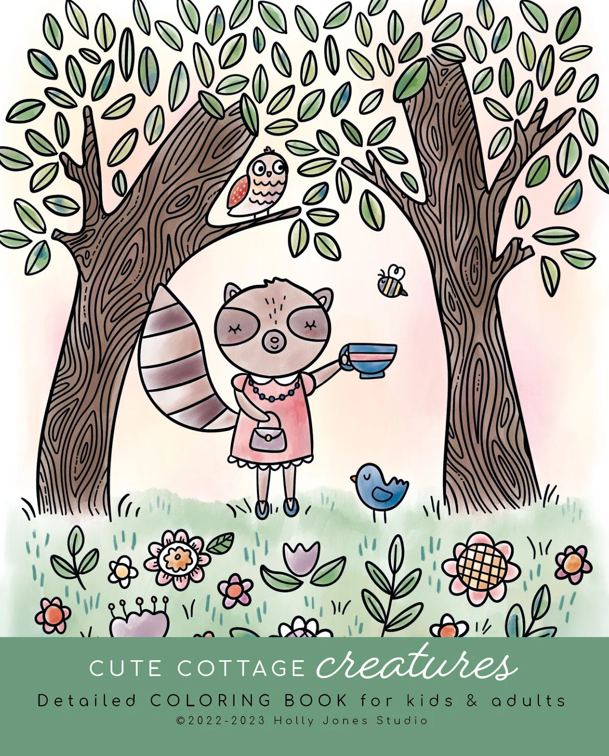 A cute cartoon raccoon standing on grass between two trees with leaves. The raccoon is holding a blue and pink striped cup and has a handbag. There is a small blue bird nearby, a bee flying, and various colorful flowers on the ground. A cute owl is perched on a branch of the left tree. The background features a light pastel sky.