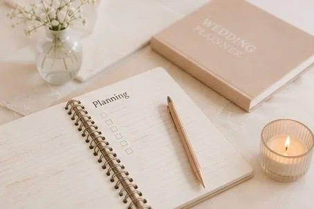 Open planning notebook with checklist, pen, candle, a vase with flowers, and a wedding planning book on a white surface.