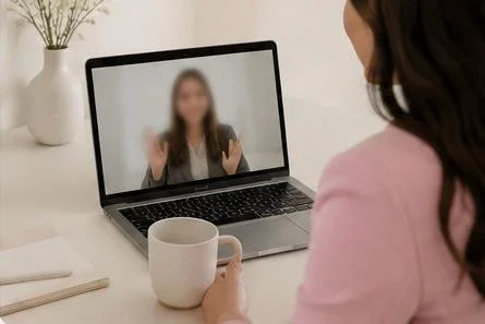 A woman participating in a video call with a blurred person on a laptop screen at her desk.